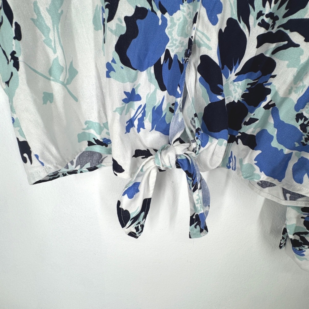 Women Floral Linen Tie Front Button Top Blouse XL Blue Coastal Minimalist Resort - Picture 5 of 9